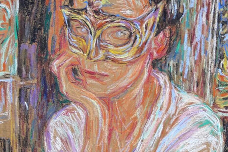 Pastel painting by Ulrike Theusner, self-portrait in bright colors with a mask over her eyes.